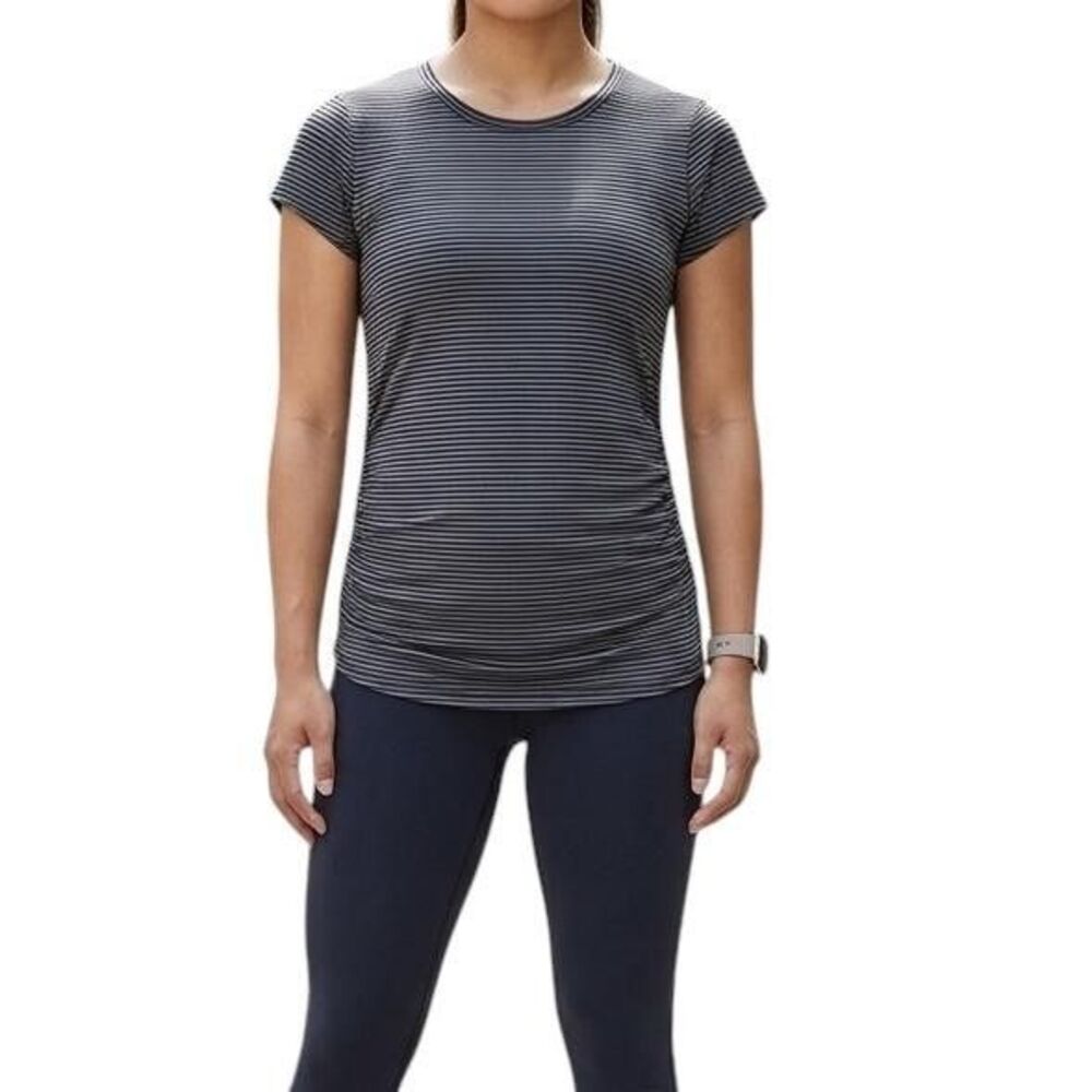 New Balance Isaac Mizrahi Live Shirt Women's Medium Black Striped Tee Activewear